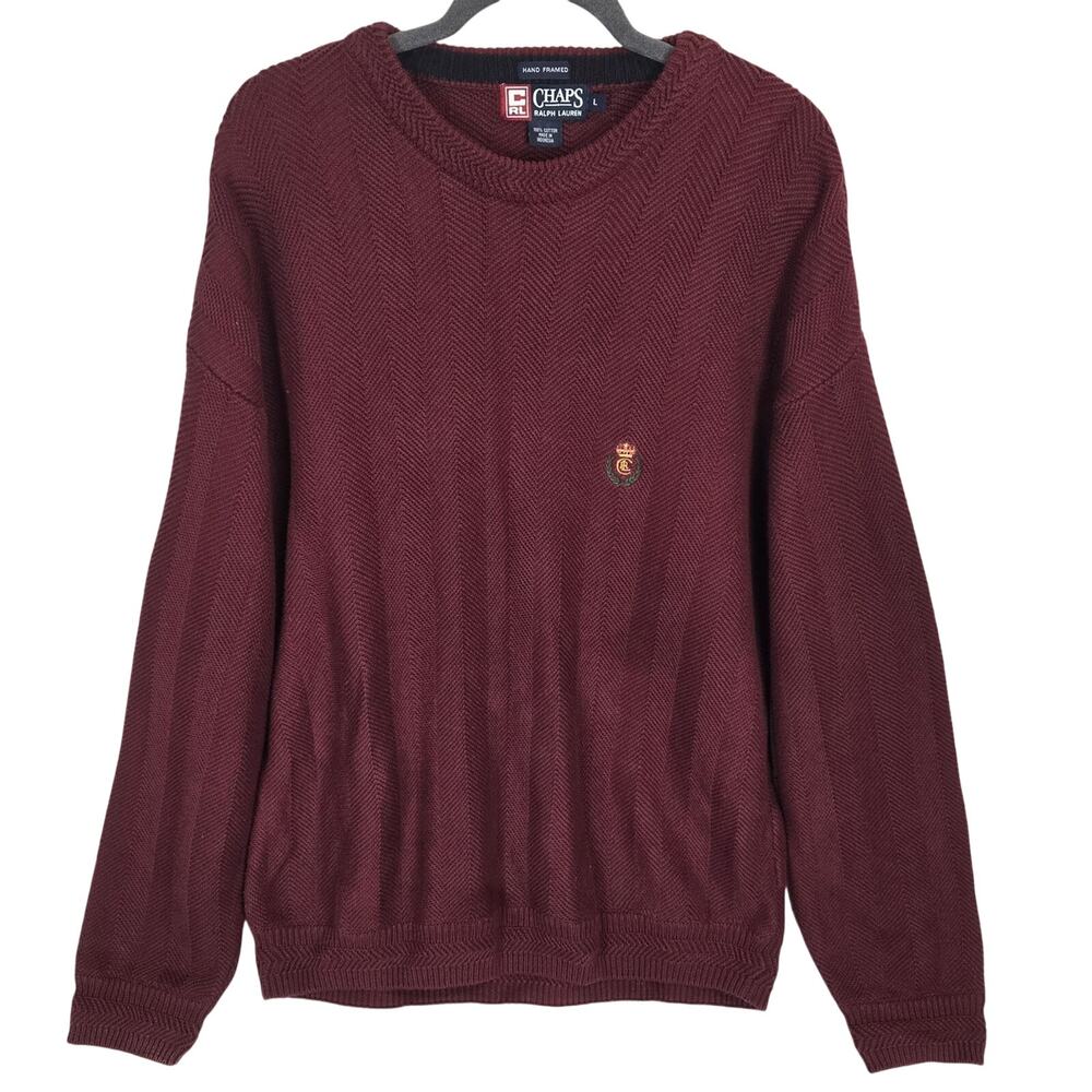 Vtg Chaps Ralph Lauren Mens Sweater Lg Burgundy Hand Framed Long Sleeve Crew 90s